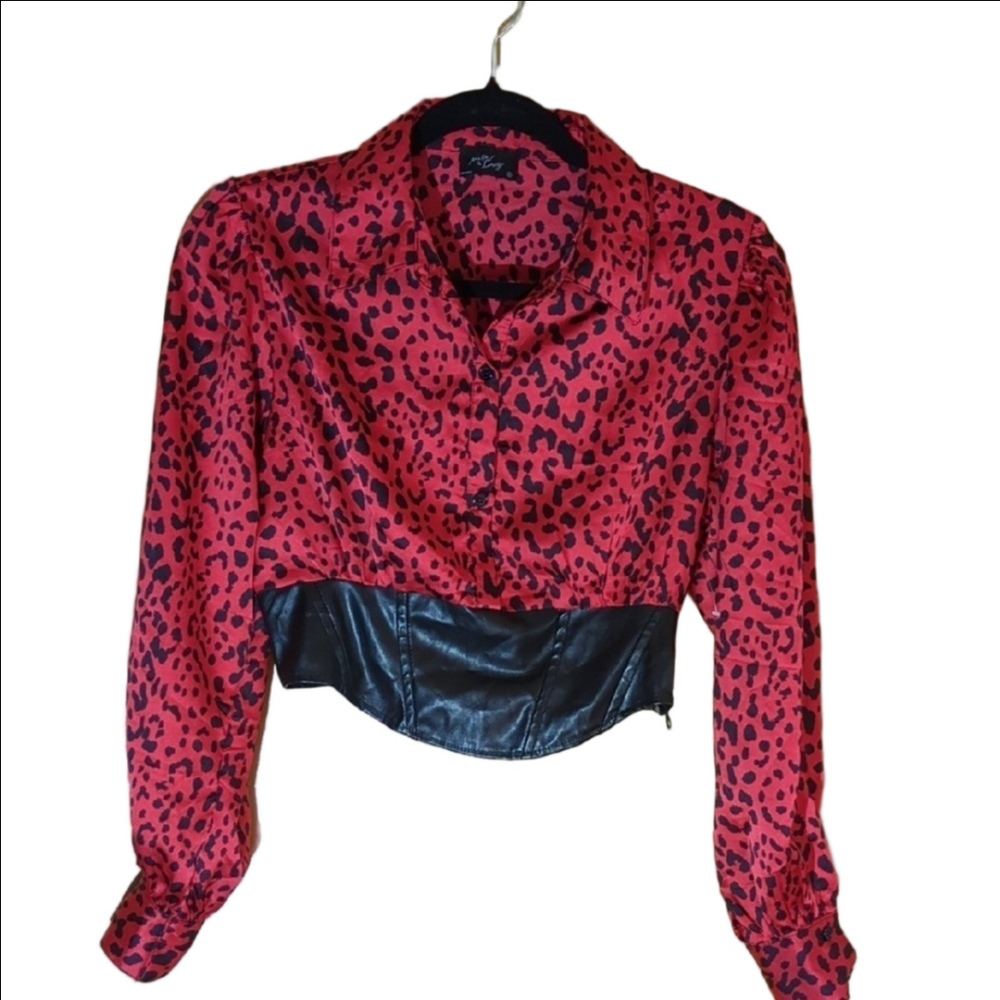 Red Leopard Faux Leather Blouse Milk & Honey Medium